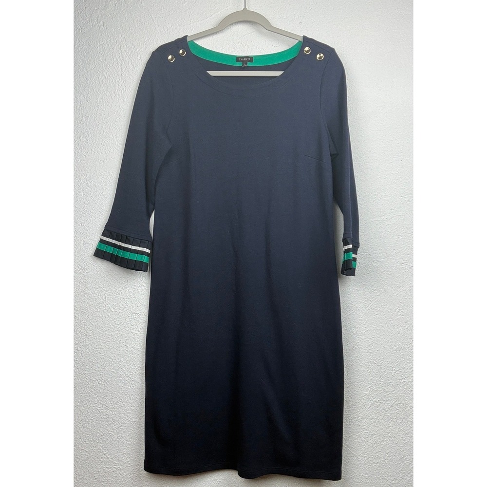 Talbots Navy Blue Shift Dress - M - Pleated Cuffs Gold Button Nautical Preppy